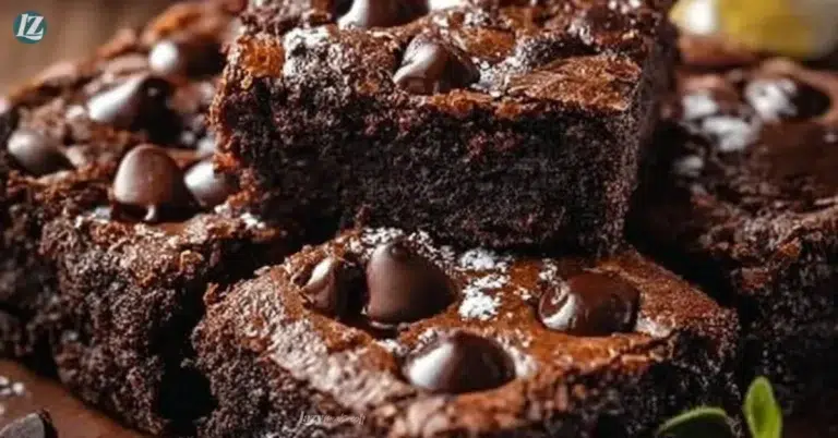 Delicious Greek Yogurt Brownies topped with chocolate chips on a wooden table