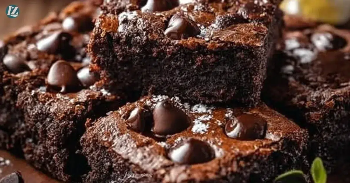 Delicious Greek Yogurt Brownies topped with chocolate chips on a wooden table