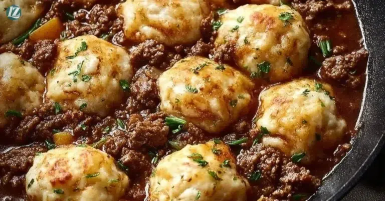 A delicious plate of hearty ground beef and dumplings, perfect for dinner.