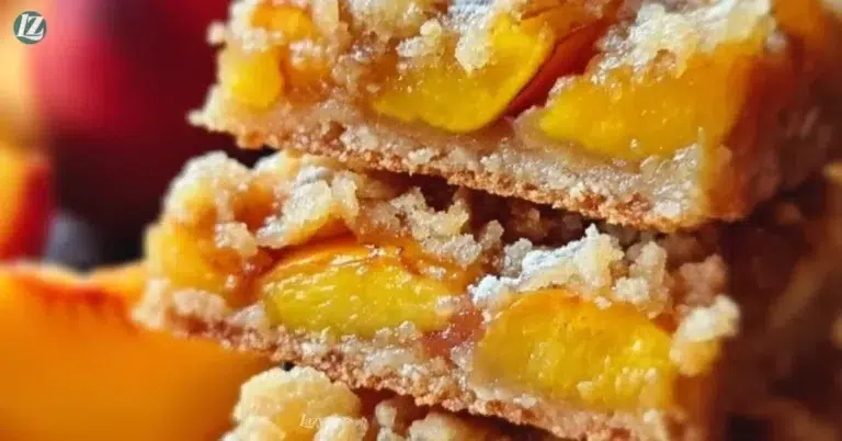Freshly baked peach bars with a golden crust, perfect for summer.