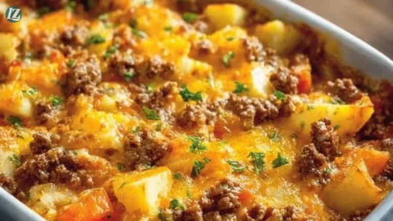 Delicious Hobo Casserole with ground beef and vegetables, baked to perfection.
