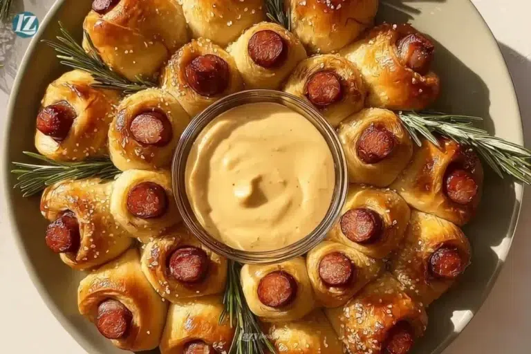 Delicious holiday pigs in a blanket appetizers on a festive platter