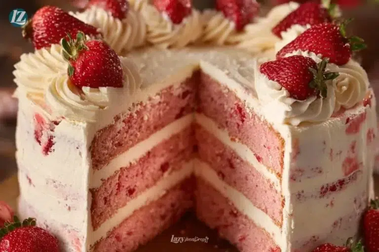 Delicious homemade strawberry cake topped with fresh strawberries
