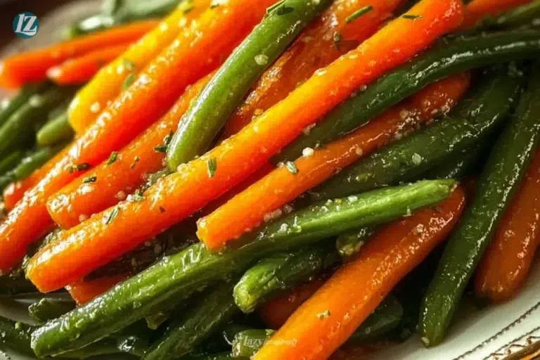 Delicious honey glazed carrots served with green beans for a perfect side dish.