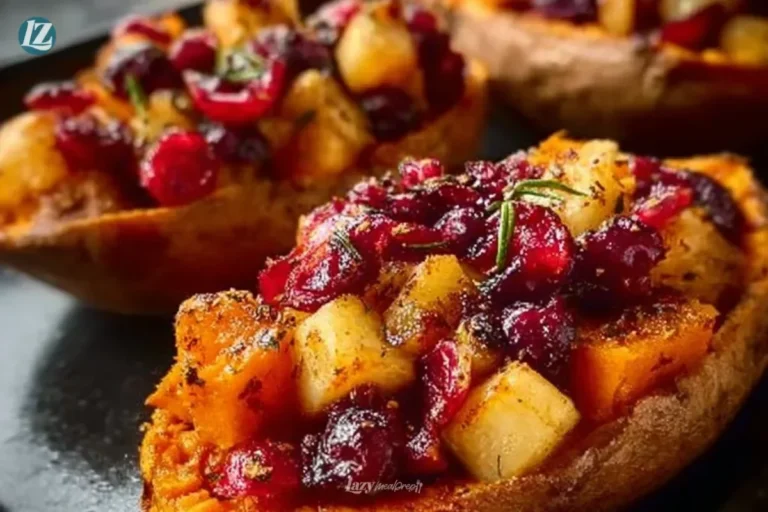 Cranberry apple twice-baked sweet potatoes topped with walnuts and herbs