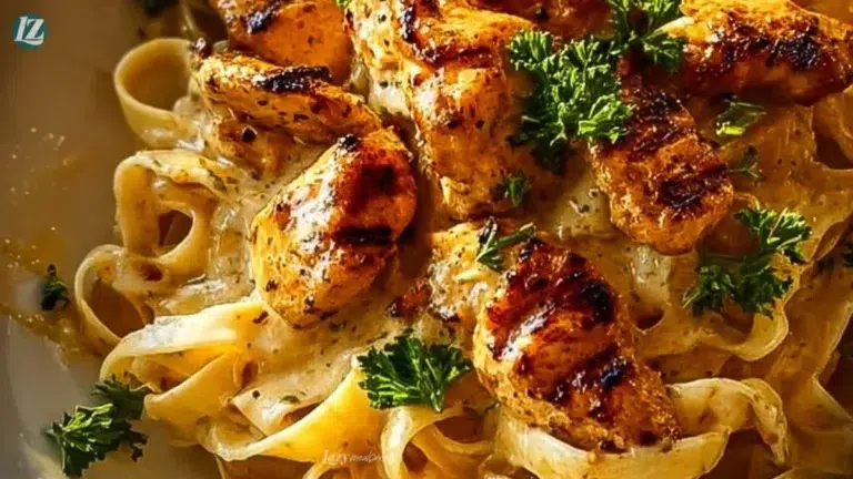 Easy cowboy butter chicken linguine served in a bowl with herbs