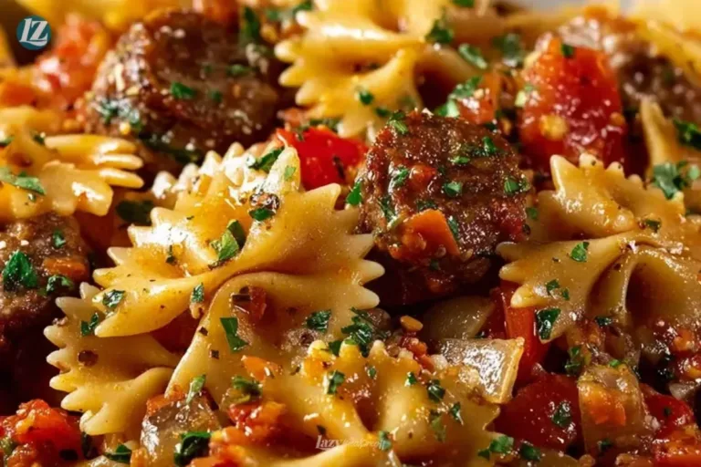 Italian sausage served with bow tie pasta topped with fresh herbs.