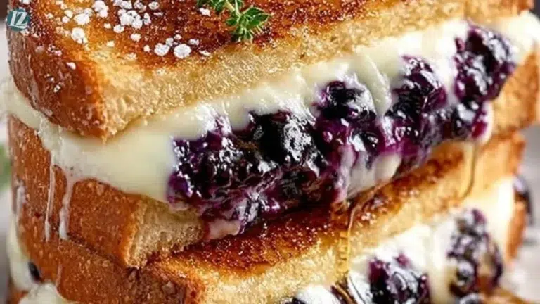 Juicy blueberry grilled cheese sandwich with melted cheese and fresh blueberries