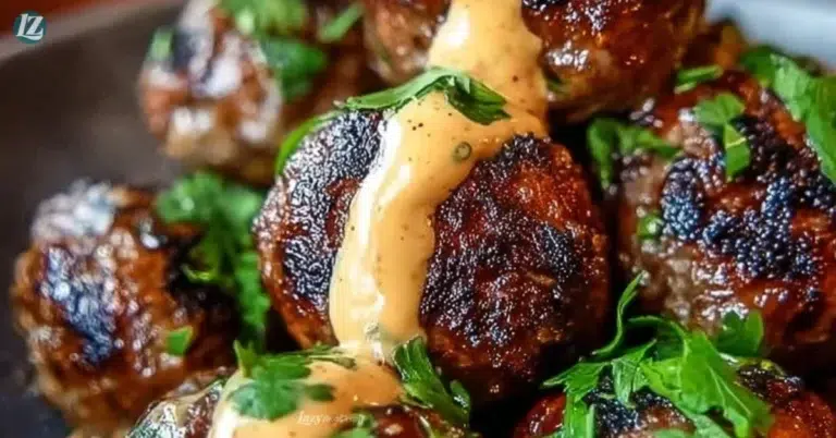 Delicious Korean BBQ Meatballs served with a spicy mayo dip on a platter