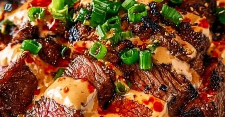 Korean BBQ Steak Rice Bowls topped with spicy cream sauce in a beautiful presentation.