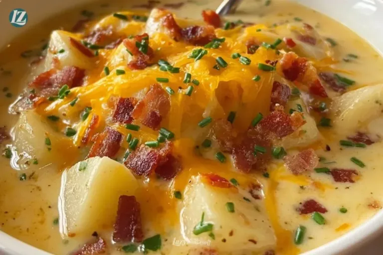 Delicious bowl of loaded potato soup topped with cheese and bacon