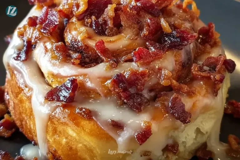 Freshly baked Maple Bacon Cinnamon Rolls drizzled with maple syrup.