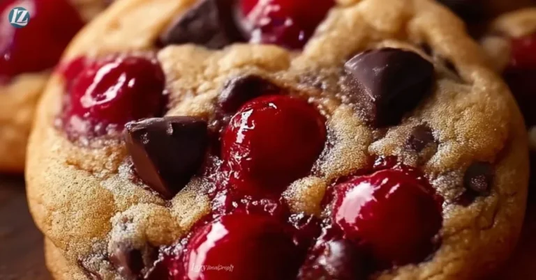 Maraschino Cherry Chocolate Chip Cookies on a wooden table