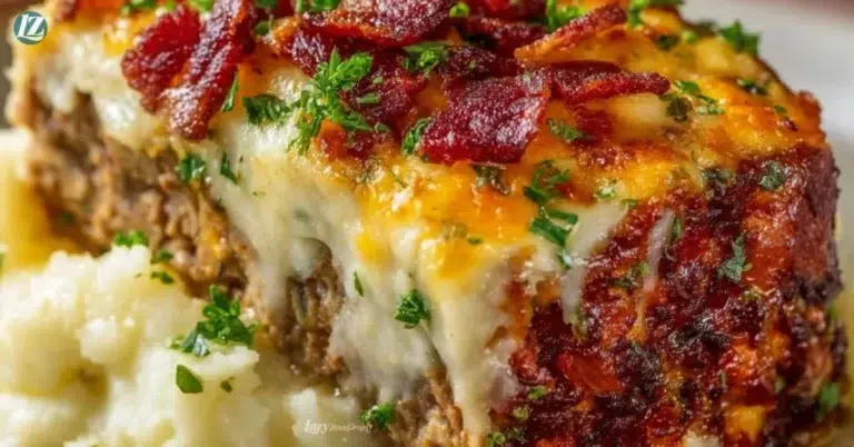 Delicious meatloaf served with creamy mashed potatoes and melted cheese