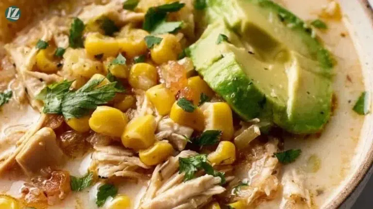Bowl of Mexican Street Corn White Chicken Chili topped with cilantro and corn.