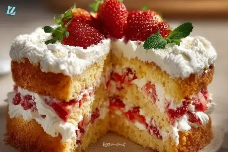 Moist strawberry shortcake cake with whipped cream frosting and fresh strawberries