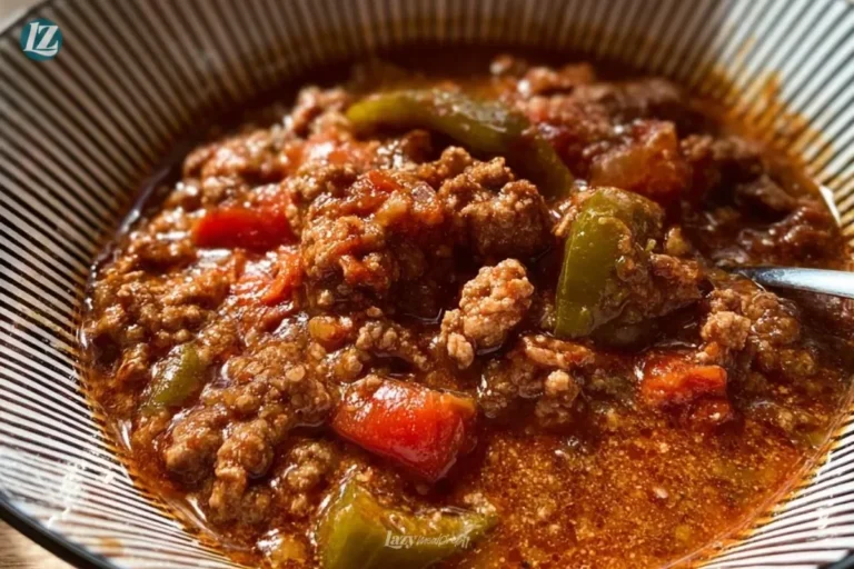 A bowl of my mom's award-winning chili, garnished with fresh herbs.