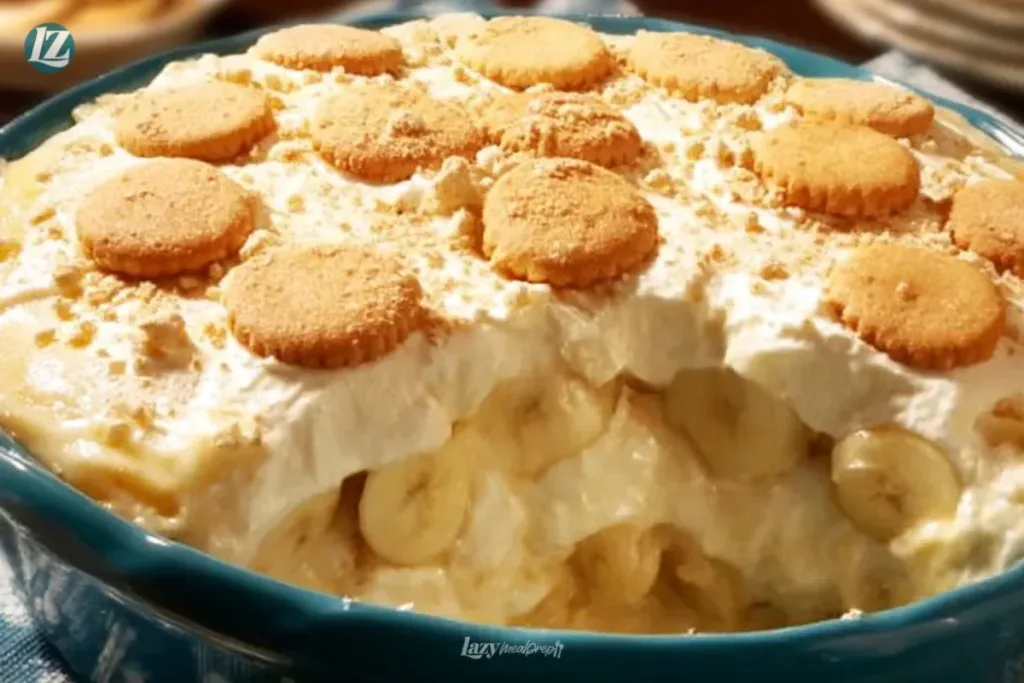 Delicious old fashioned banana pudding served in a decorative glass dish.