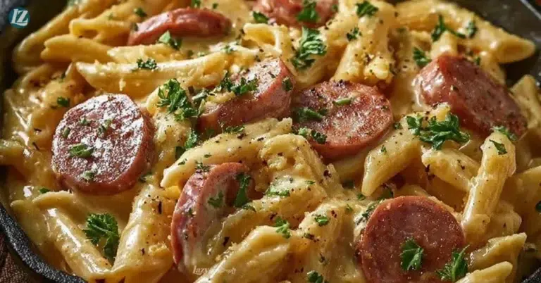 Delicious one pot kielbasa pasta served in a bowl with fresh herbs