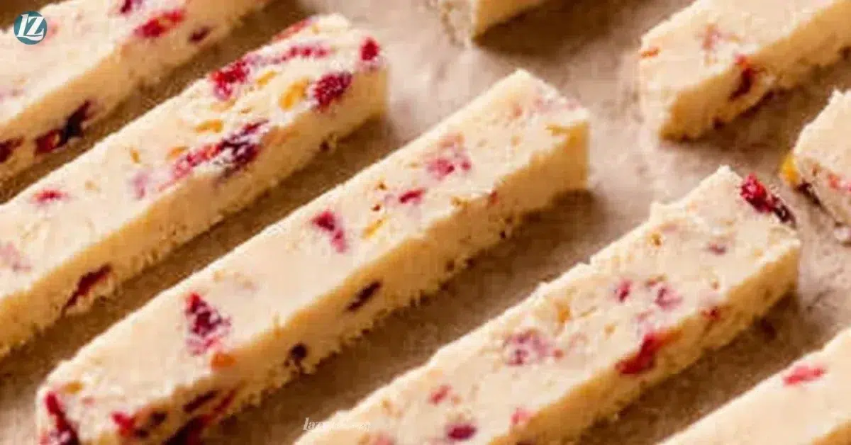 Orange Cranberry Shortbread Cookies stacked on a plate