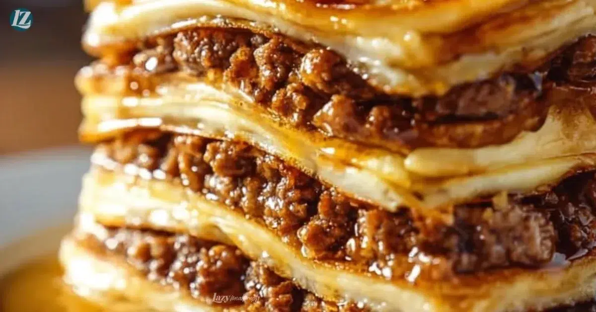 Delicious pancake sausage casserole layered like breakfast lasagna