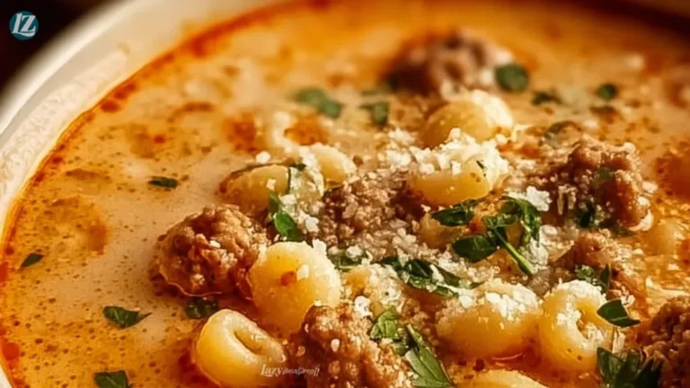 A hearty bowl of Parmesan Italian Sausage Ditalini Soup topped with herbs.
