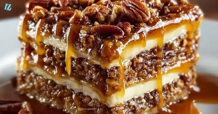 Delicious Pecan Pie Lasagna with layers of pecan flavor and creamy filling.