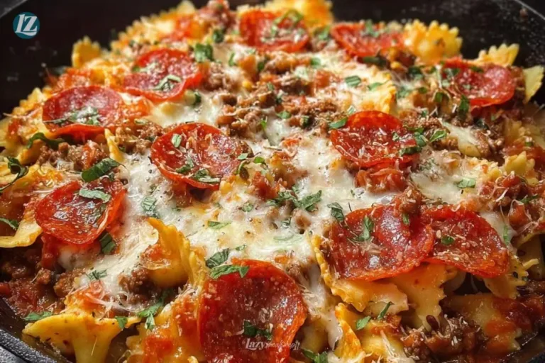 Delicious Pizza Lasagna Skillet Bake topped with cheese and pepperoni