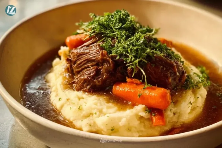 Delicious pot roast served over creamy mashed potatoes for a hearty meal.