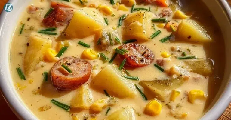 Bowl of creamy Potato and Sausage Chowder garnished with herbs