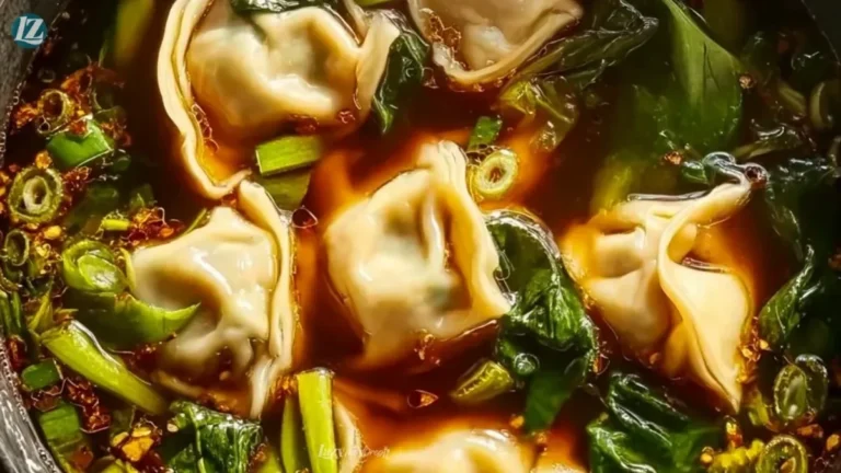 Bowls of steaming Potsticker Soup with garnishes and chopsticks