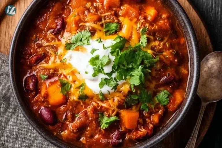A bowl of hearty pumpkin chili topped with cilantro and served with crusty bread.