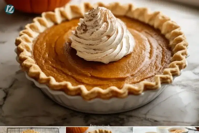 Delicious homemade pumpkin pie topped with whipped cream