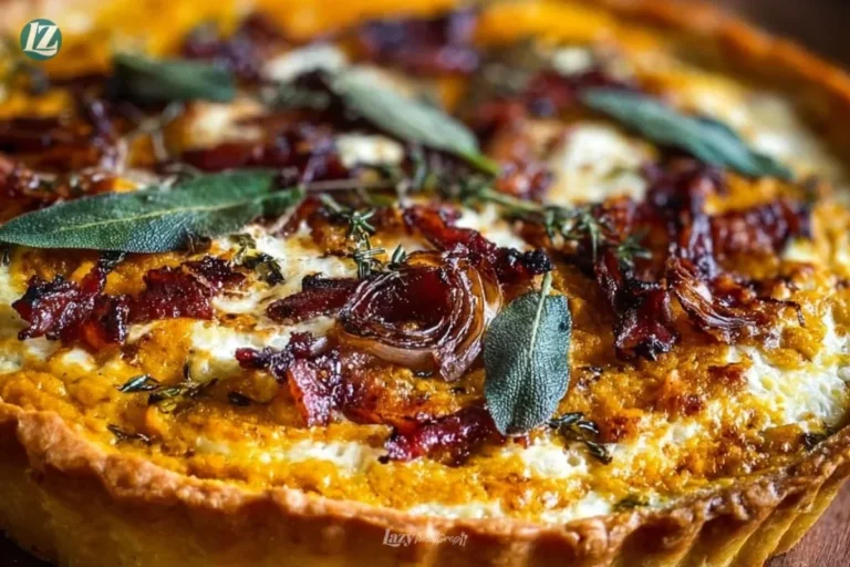 Pumpkin tart with ricotta, caramelized onions, bacon, and sage