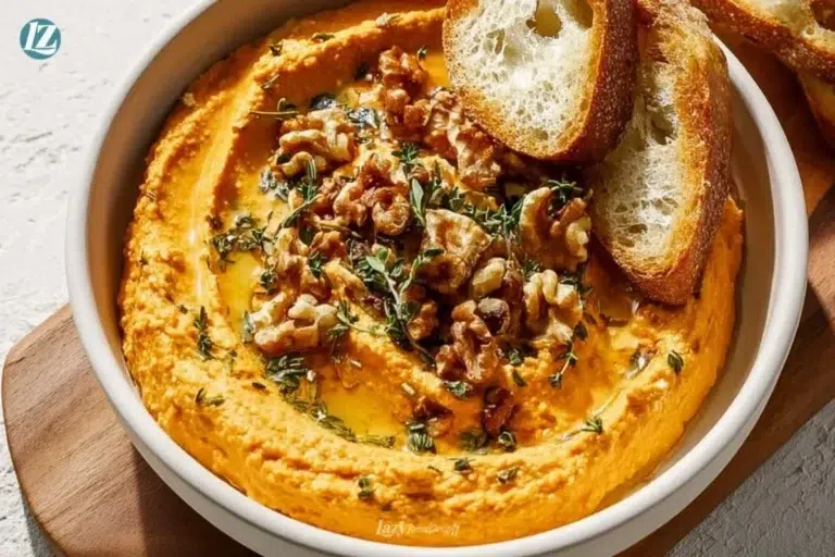 Creamy pumpkin feta dip served in a bowl with herbs and pita bread