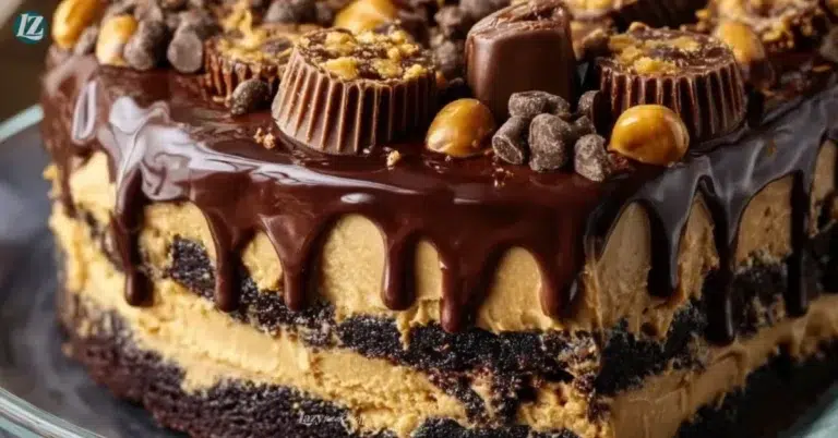 Reese's Peanut Butter Earthquake Cake topped with chocolate and peanut butter treats.