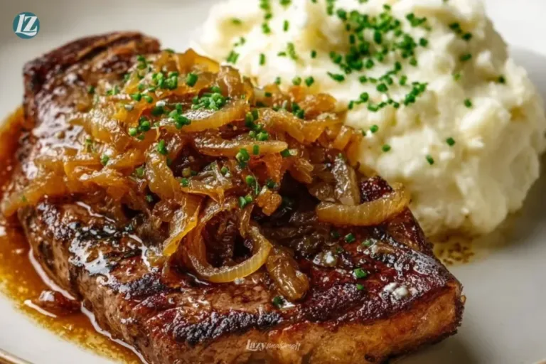Delicious ribeye steak with caramelized onions and creamy mashed potatoes on a plate.