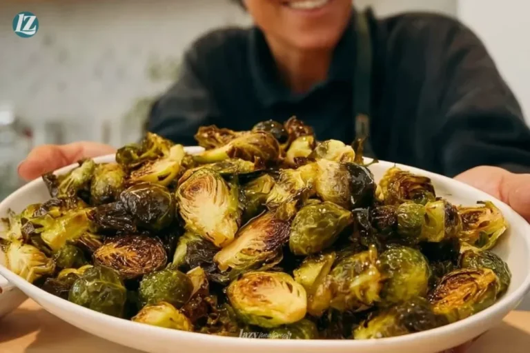 Plate of crispy roasted Brussels sprouts with seasoning