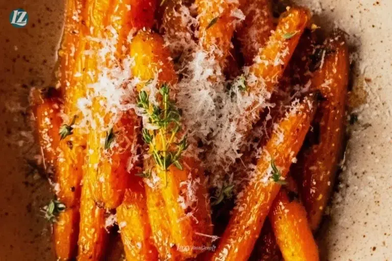 Plate of roasted carrots with garlic and parmesan, garnished with herbs.