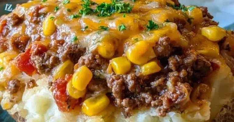 Shepherd's Pie baked potato topped with ground meat and veggies