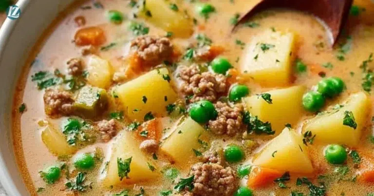 Bowl of delicious Shepherd's Pie Soup topped with fresh herbs and vegetables.