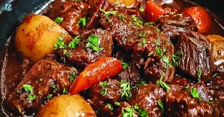 Delicious Slow Cooker Beef Bourguignon served in a rustic bowl with herbs.