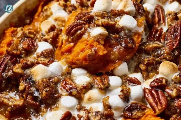 Southern Maple Sweet Potato Casserole baked dish with a crispy topping
