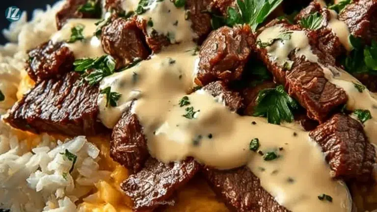 Delicious Steak Queso Rice topped with melted cheese and tender steak