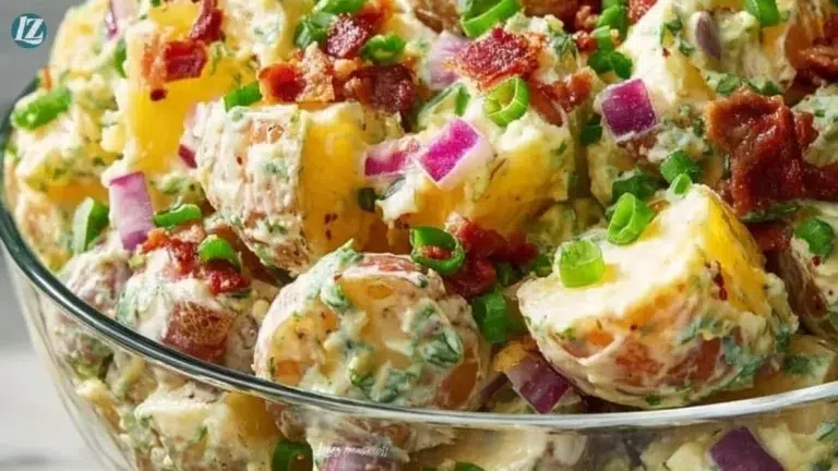 Delicious steakhouse potato salad topped with fresh herbs and spices