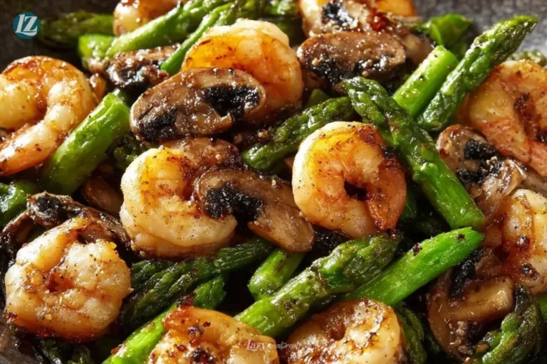 Stir-fried shrimp with asparagus and mushrooms in a vibrant dish