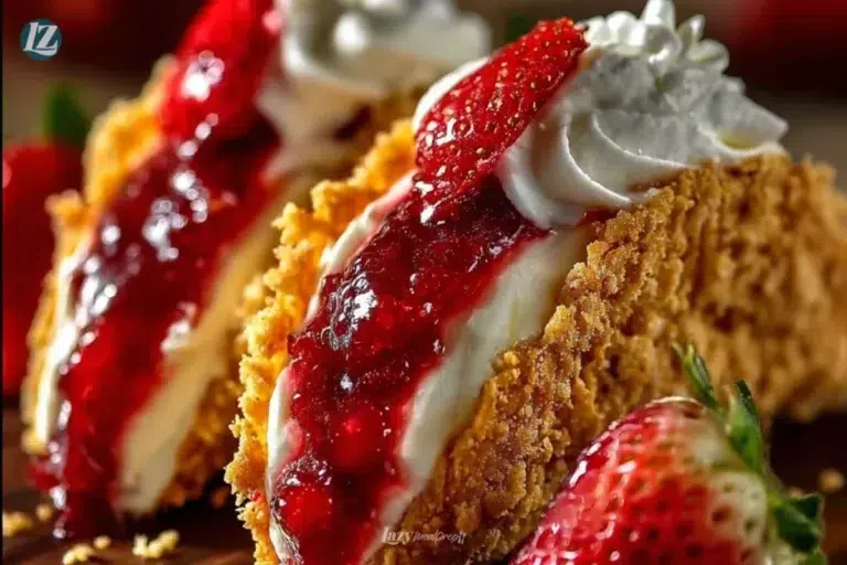 Strawberry crunch cheesecake tacos served on a plate