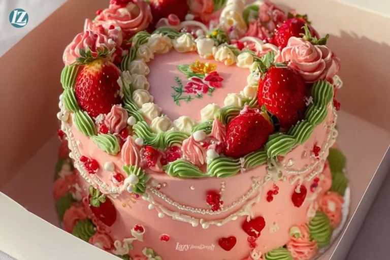Strawberry shortcake birthday cake with fresh strawberries and whipped cream