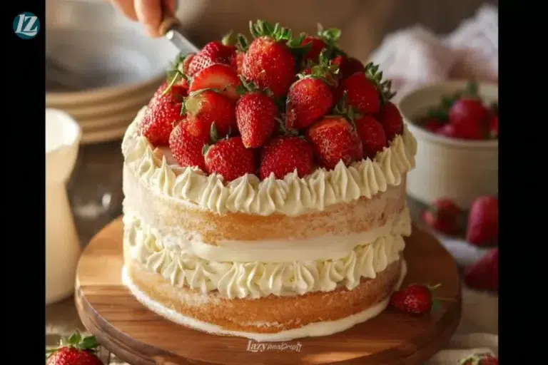 Delicious Strawberry Shortcake Cake with fresh strawberries and whipped cream