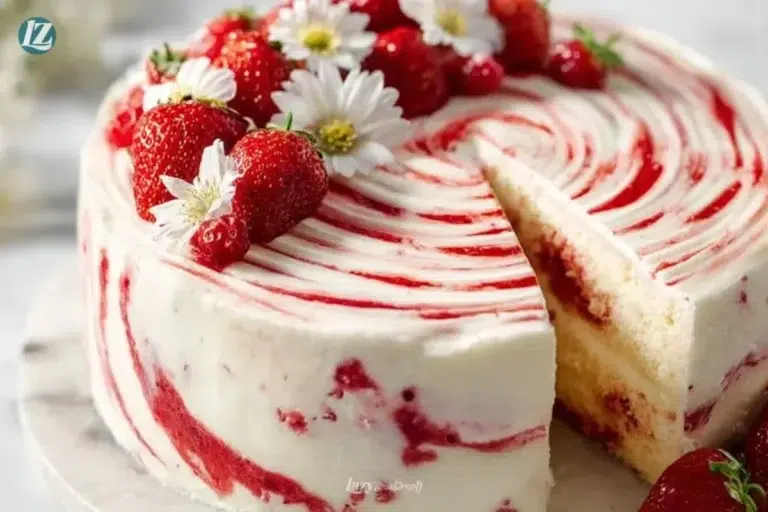 Strawberry Shortcake Layer Cake topped with fresh strawberries and whipped cream
